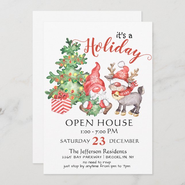 Funny Santa Gnomes Christmas Holiday Open House Invitation (Front/Back)