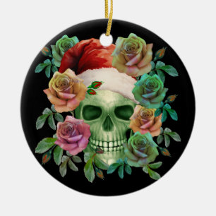 FUNNY SANTA GREEN SKULL AND CHRISTMAS FLORAL  CERAMIC ORNAMENT
