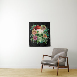 FUNNY SANTA GREEN SKULL AND CHRISTMAS FLORAL  TAPESTRY