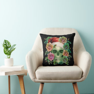 FUNNY SANTA GREEN SKULL AND CHRISTMAS FLORAL THROW PILLOW