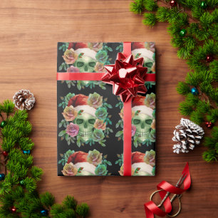 FUNNY SANTA GREEN SKULL AND CHRISTMAS FLORAL WRAPPING PAPER