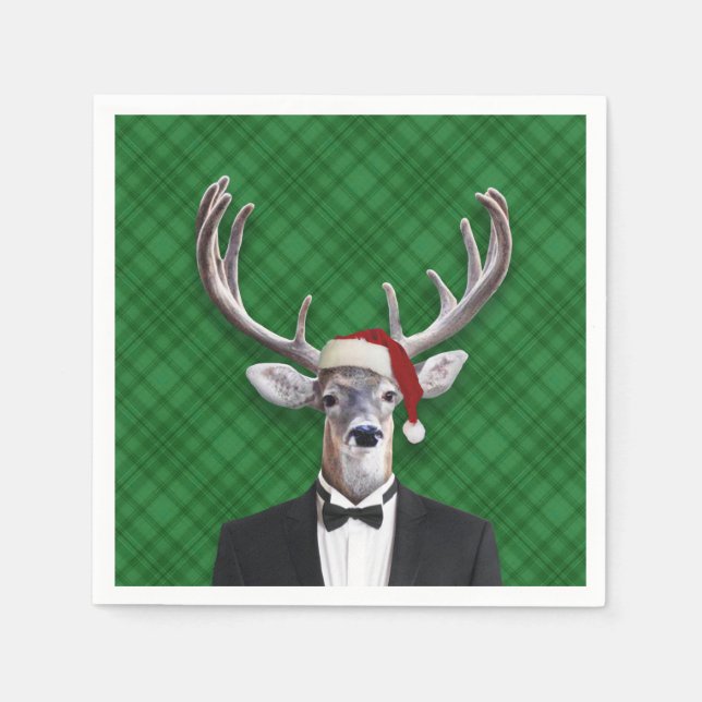 Funny Santa Hat Christmas Deer Green Plaid Napkin (Front)