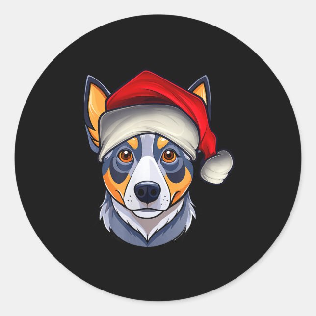 Funny Santa Hat Xmas Pajamas Blue Heeler Dog Chris Classic Round Sticker (Front)