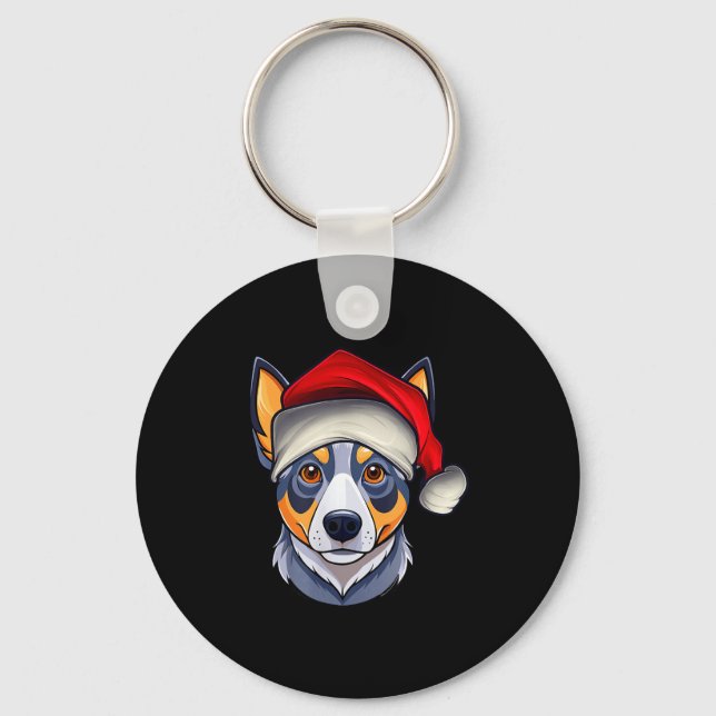 Funny Santa Hat Xmas Pajamas Blue Heeler Dog Chris Keychain (Front)