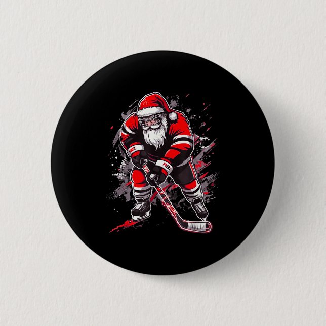 Funny Santa Hockey Christmas Retro Winter Player X 2 Inch Round Button (Front)