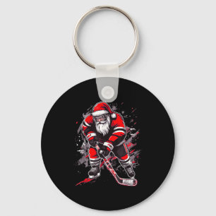 Funny Santa Hockey Christmas Retro Winter Player X Keychain