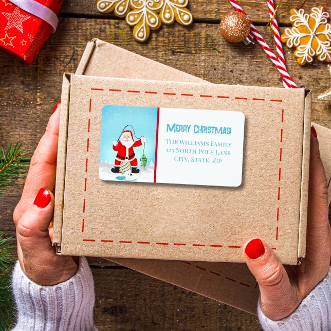 Funny Santa Ice Fishing With Polar Bear Label (Creator Uploaded)