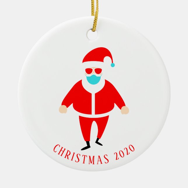 Funny Santa in Face Mask Personalized Christmas Ceramic Ornament (Front)