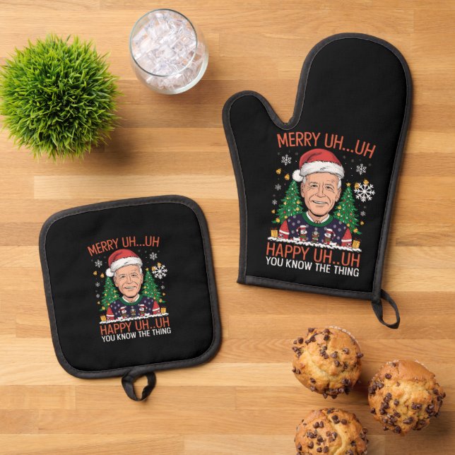 Funny Santa Joe Biden Merry Uh Uh Christmas Ugly Oven Mitt & Pot Holder Set (Top Down)