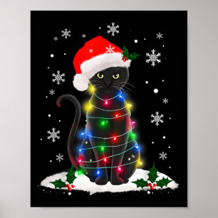 Funny Santa Kitten Black Cat Christmas Tree Lights Poster