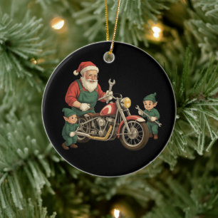 Funny Santa Mechanic Retro Biker Christmas Ceramic Ornament