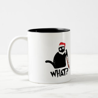 Funny Santa Murderous Black Cat What? With Knife Two-Tone Coffee Mug