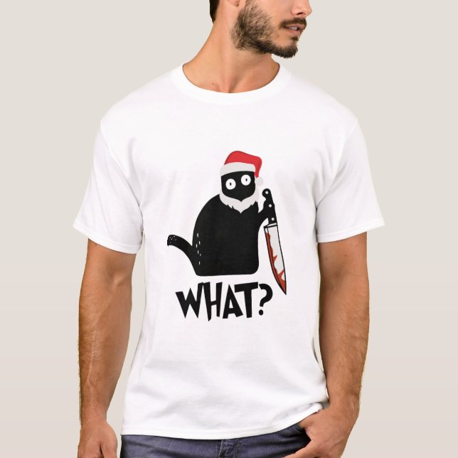 Funny Santa Murderous Black Cat With Knife T-Shirt (Front)