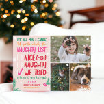 Funny Santa naughty list 3 photos bright Christmas Holiday Card<br><div class="desc">Funny Santa naughty check list,  it's all fun and games til Santa checks the naughty list! Add 3 of your favourite photos,  with snowflakes,  pine tree brnaches and a cool , modern and fun typography font. Season's greetings with bright and bold colours. All the colours are editable!</div>