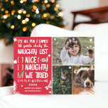 Funny Santa naughty list 3 photos red Christmas Holiday Card<br><div class="desc">Funny Santa naughty check list,  it's all fun and games til Santa checks the naughty list! Add 3 of your favourite photos,  with snowflakes,  pine tree brnaches and a cool , modern and fun typography font. Merry Christmas on a red background. All the colours are editable!</div>
