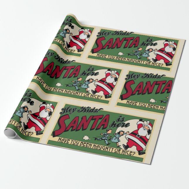 Funny Santa "Naughty or Nice" Text Retro Christmas Wrapping Paper (Unrolled)