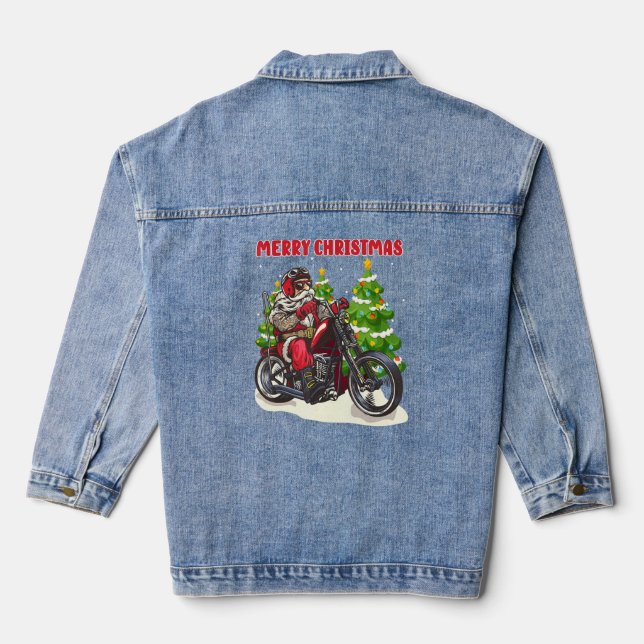 Funny Santa On Motorcycle Christmas  Mens  Denim Jacket (Back)