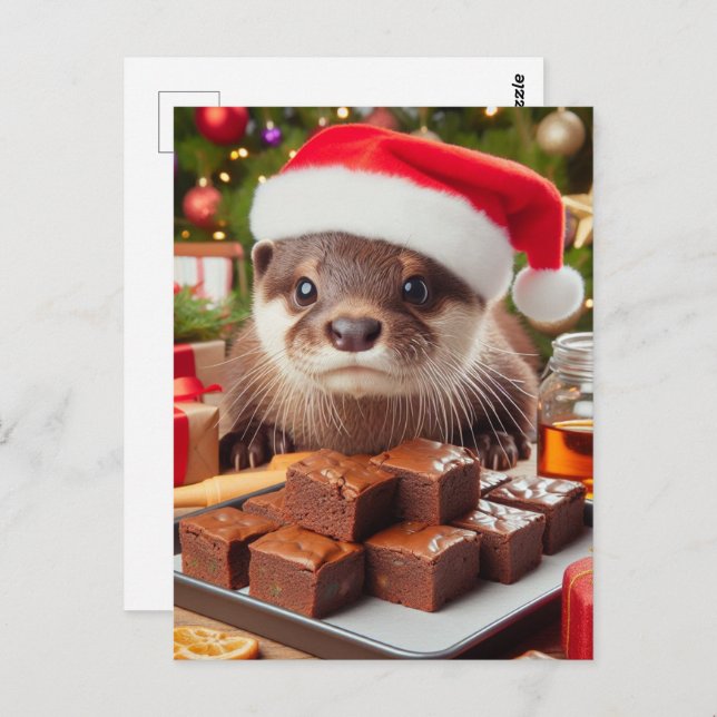 Funny Santa Otter With Brownies for Christmas Postcard (Front/Back)