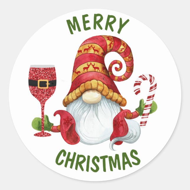Funny Santa Party Gnome Classic Round Sticker (Front)