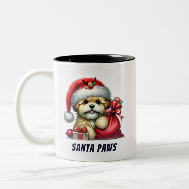 Funny Santa Paws Cute Bichon Dog Two-Tone Coffee Mug (Left)