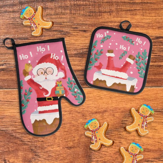 Funny Santa Pink Oven Mitt and Pot Holders Set (Creator Uploaded)