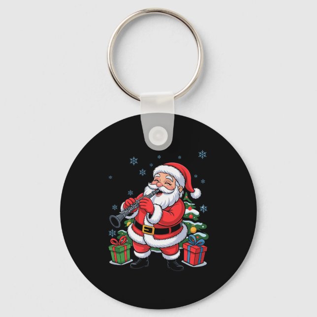 Funny Santa Playing Clarinet Holiday Chrismas Xmas Keychain (Front)