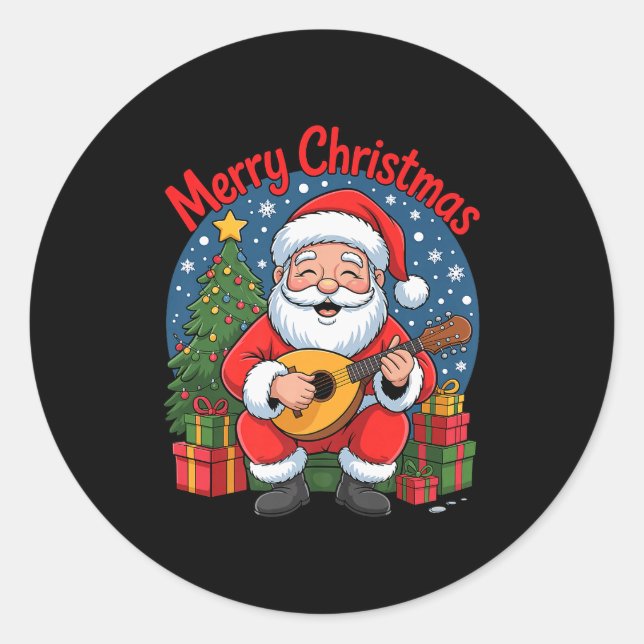 Funny Santa Playing Mandolin Holiday Chrismas Xmas Classic Round Sticker (Front)