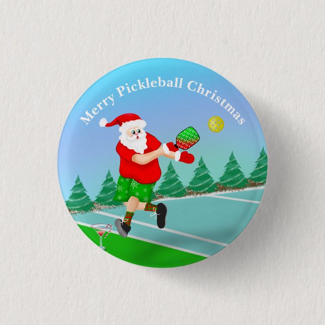 Funny Santa Playing Pickleball Merry Volley Xmas   1 Inch Round Button (Front)
