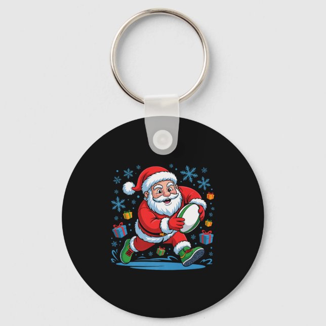 Funny Santa Playing Rugby Holiday Christmas Xmas P Keychain (Front)