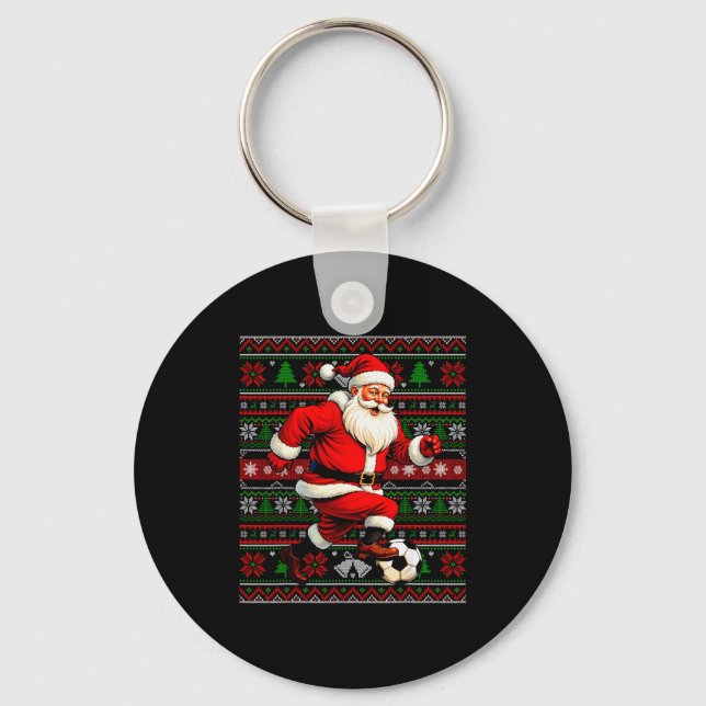 Funny Santa Playing Soccer Ugly Christmas Sweater  Keychain (Front)