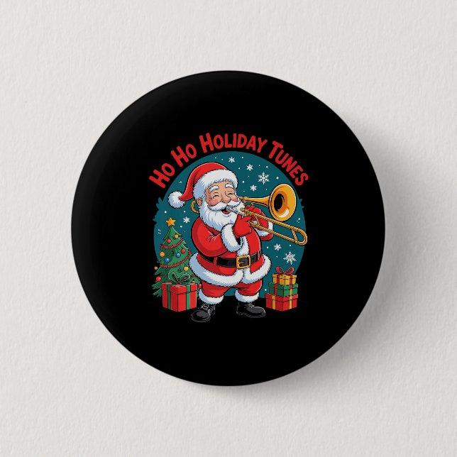 Funny Santa Playing Trombone Holiday Chrismas Xmas 2 Inch Round Button (Front)