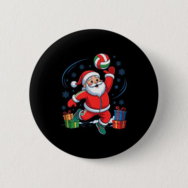 Funny Santa Playing Volleyball Holiday Christmas X 2 Inch Round Button (Front)