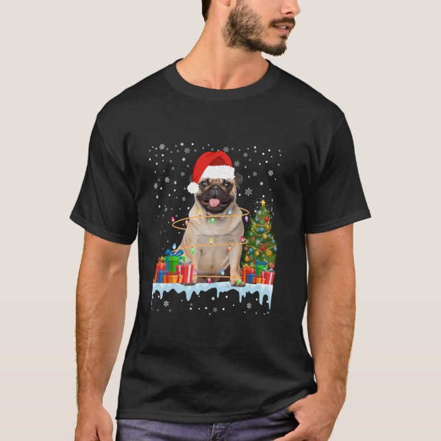 Funny Santa Pug Dog Christmas Lights Xmas Pyjamas T-Shirt (Front)