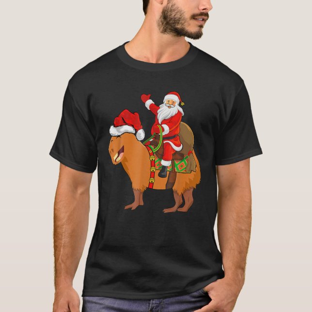 Funny Santa Riding Capybara Christmas Pajama Match T-Shirt (Front)