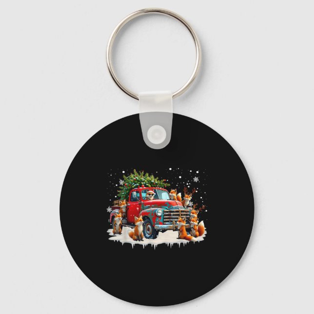 Funny Santa Riding Christmas Tree Truck Fox Christ Keychain (Front)