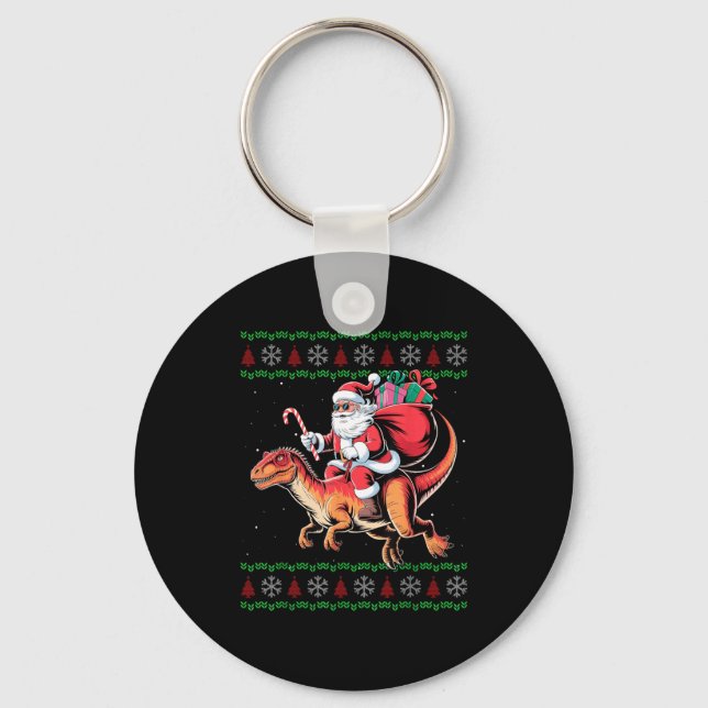 Funny Santa Riding Dinosaur Animal Ugly Christmas  Keychain (Front)