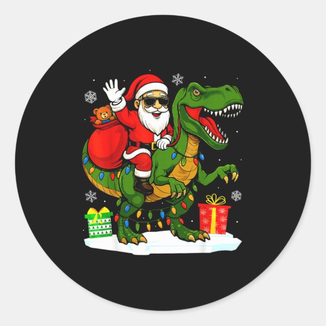 Funny Santa Riding Dinosaur T Rex Christmas Santa  Classic Round Sticker (Front)