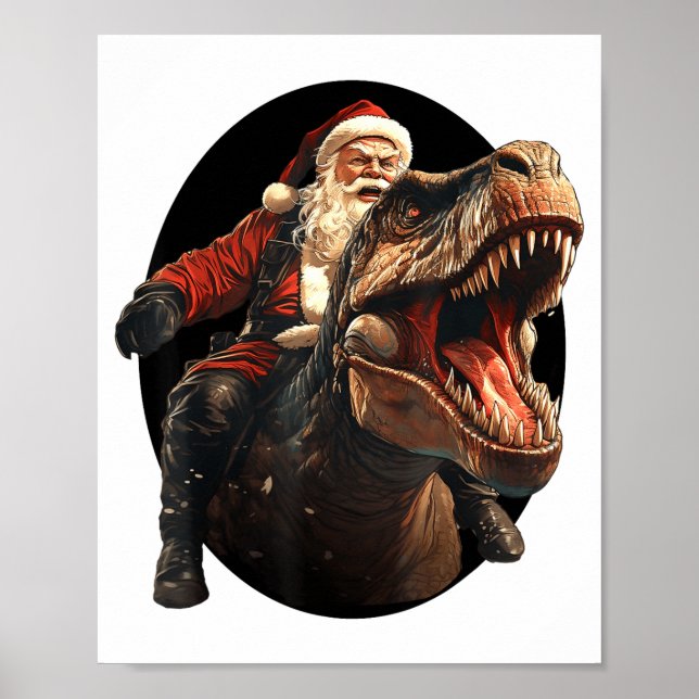 Funny Santa Riding Dinosaur, Vintage Christmas Art Poster (Front)