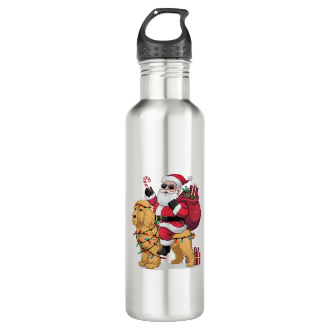 Funny Santa Riding Goldendoodle Dog Christmas  710 Ml Water Bottle (Front)