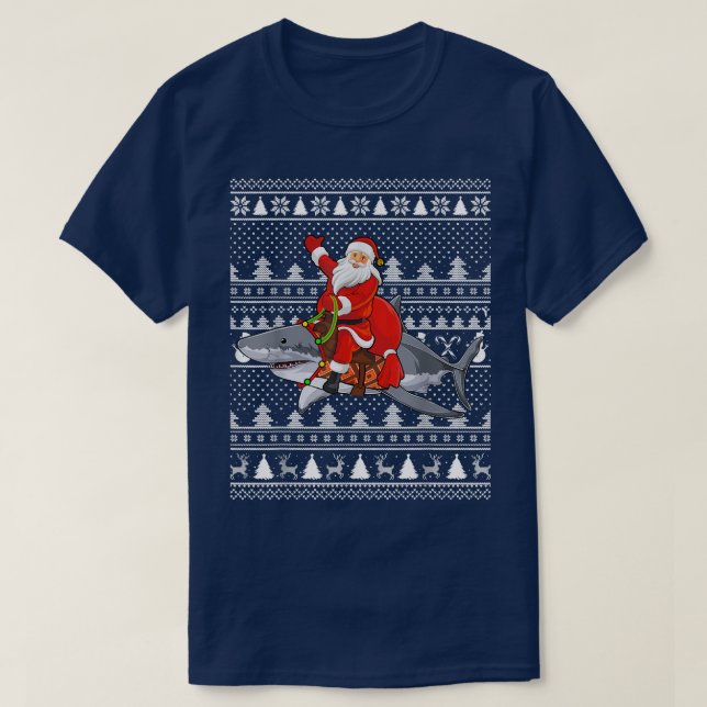 Funny Santa Riding Great White Shark Ugly Christma T-Shirt (Design Front)