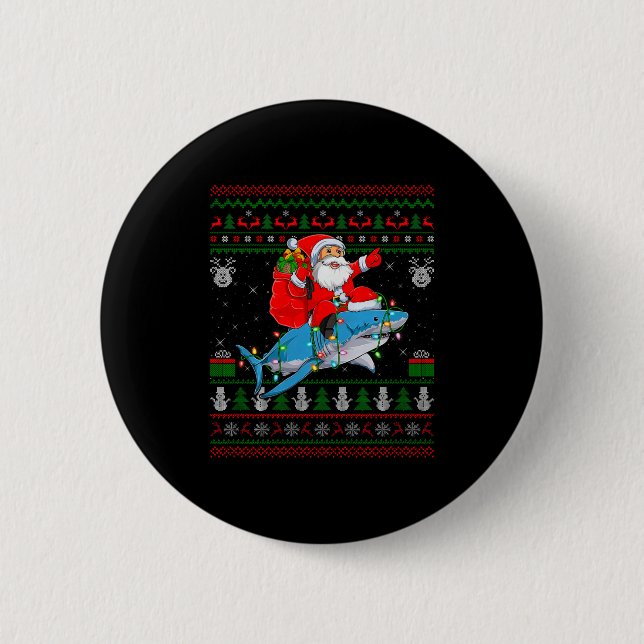 Funny Santa Riding Shark Ugly Christmas Sweaters S 2 Inch Round Button (Front)
