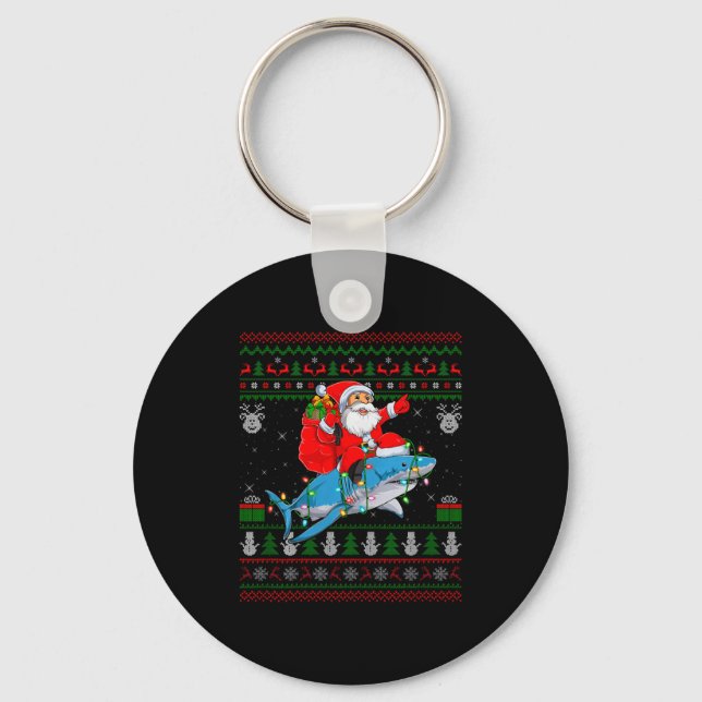 Funny Santa Riding Shark Ugly Christmas Sweaters S Keychain (Front)