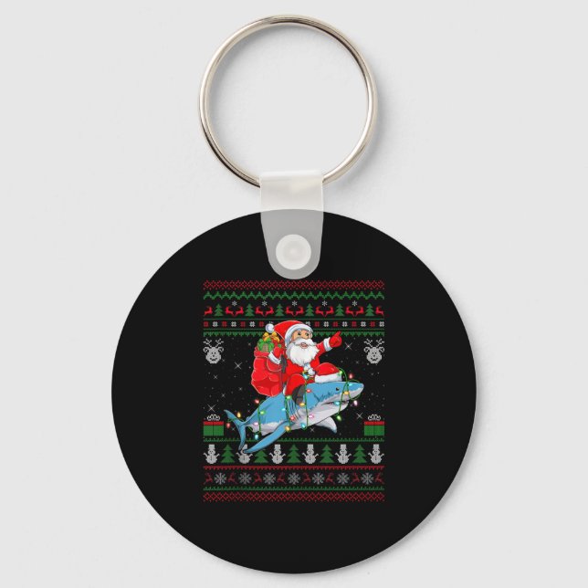 Funny Santa Riding Shark Ugly Christmas Sweaters S Keychain (Front)