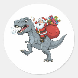 Funny Santa Riding T Rex Dinosaur Christmas Classic Round Sticker