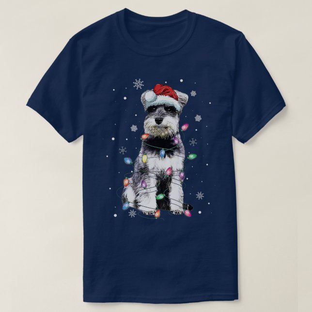 Funny Santa Schnauzer Christmas Lights Tree Dog Lo T-Shirt (Design Front)