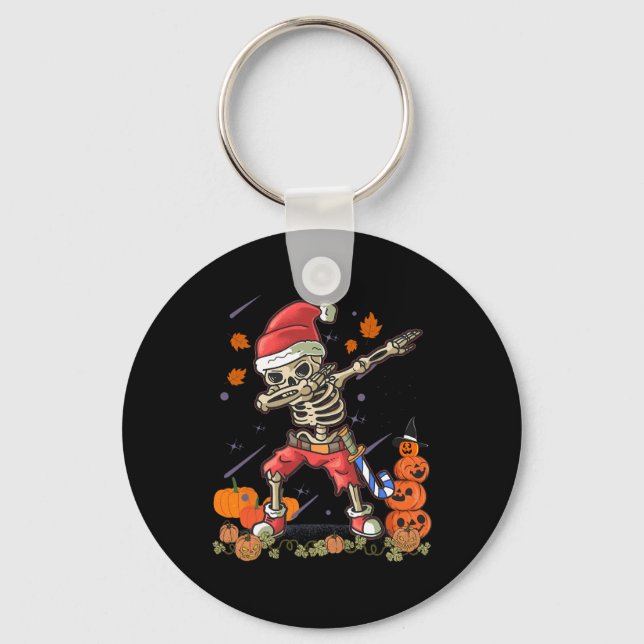Funny Santa Skeleton Dabbing Halloween Costume Fun Keychain (Front)