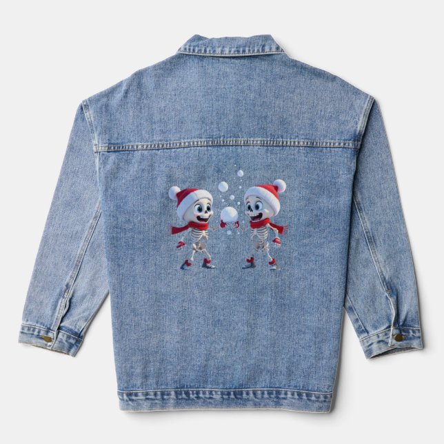 Funny Santa Skeletons Having a Snowball Fight  Denim Jacket (Back)