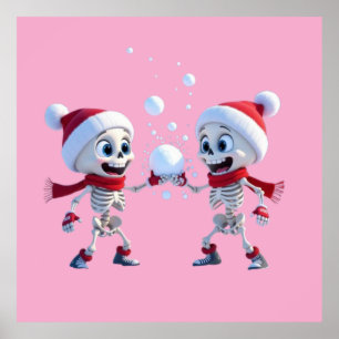 Funny Santa Skeletons Having a Snowball Fight Poster