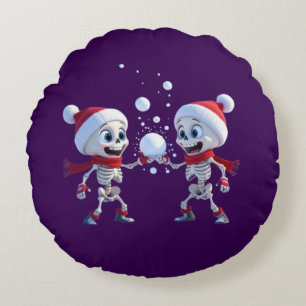 Funny Santa Skeletons Having a Snowball Fight Round Pillow