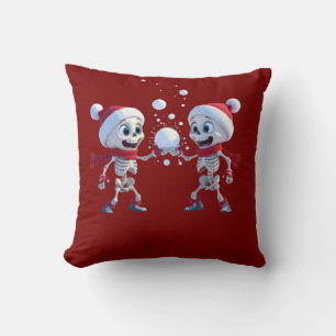 Funny Santa Skeletons Having a Snowball Fight  Throw Pillow